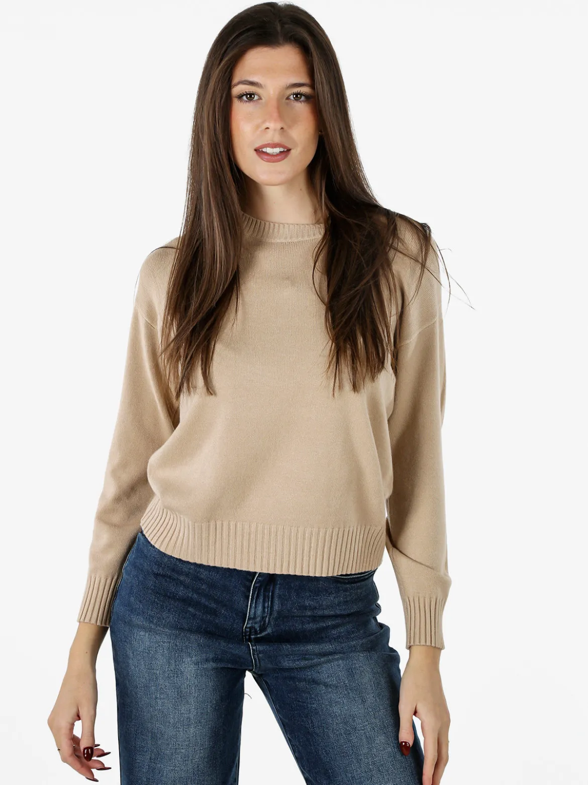 Baci & Abbracci Pullover girocollo da donna in maglia tinta unita - beige