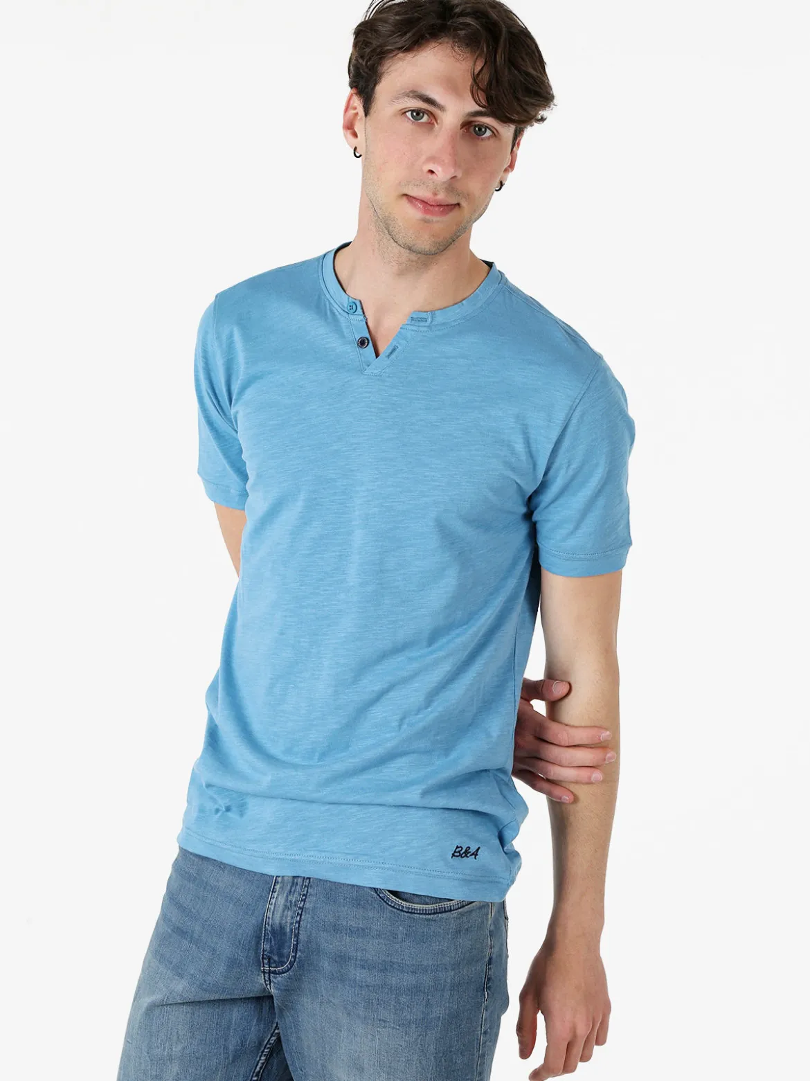 Baci & Abbracci T-shirt da uomo in cotone con bottoncini - blu