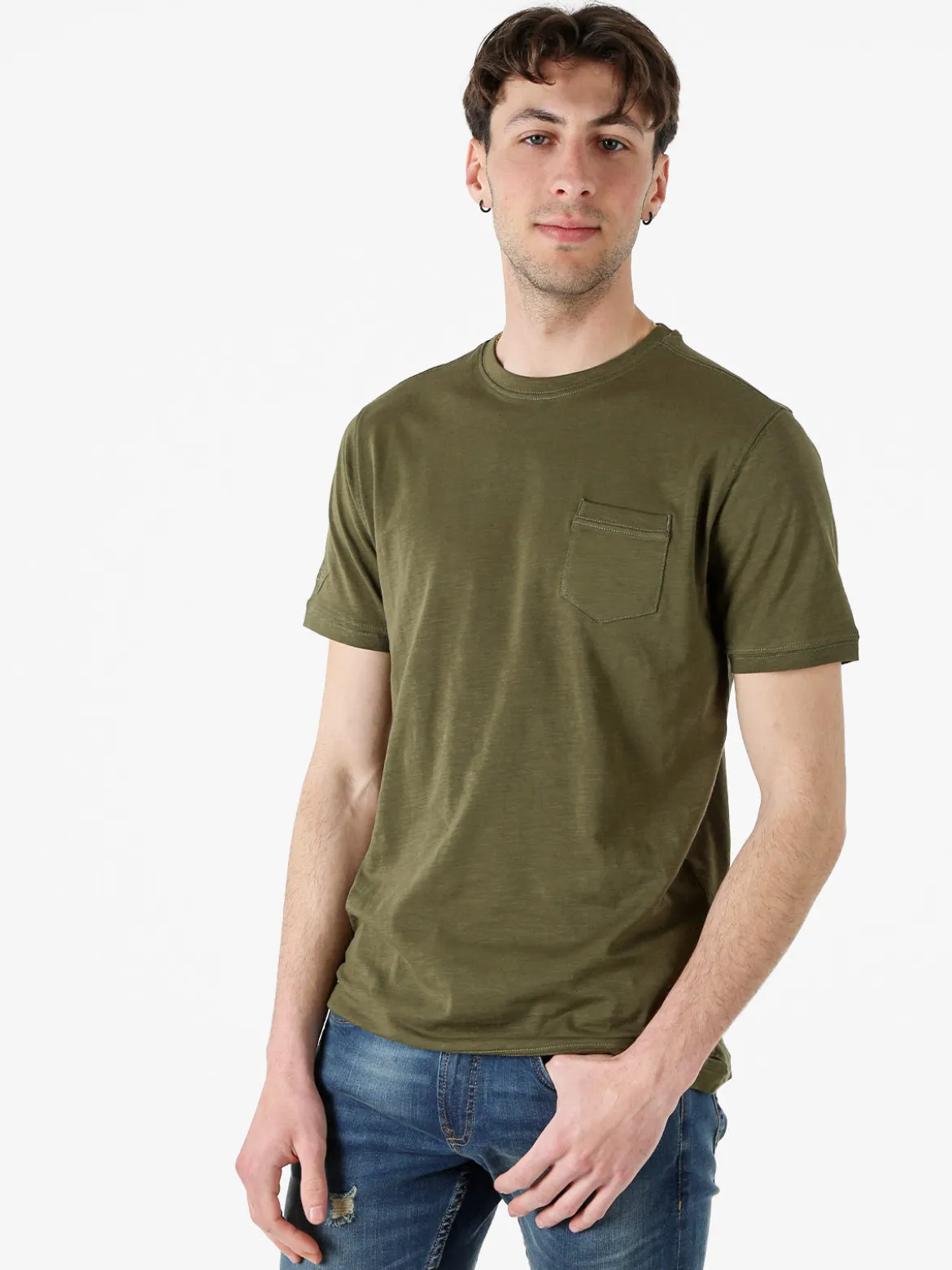 Baci & Abbracci T-shirt girocollo in cotone da uomo con taschino - militare
