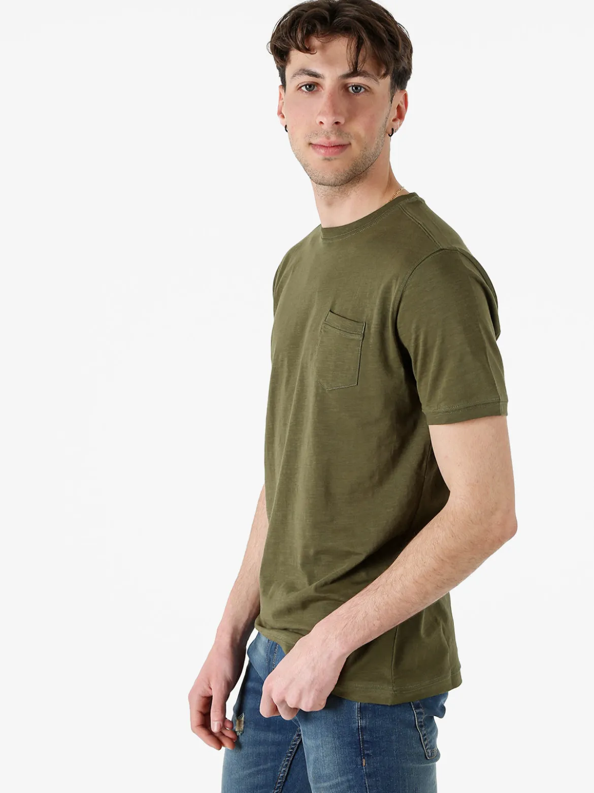 Baci & Abbracci T-shirt girocollo in cotone da uomo con taschino - militare