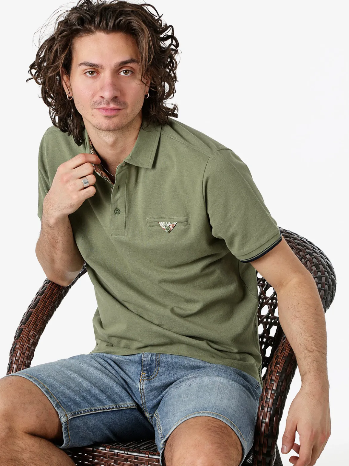 Bad Boys Polo da uomo in cotone a maniche corte con taschino a filetto - militare
