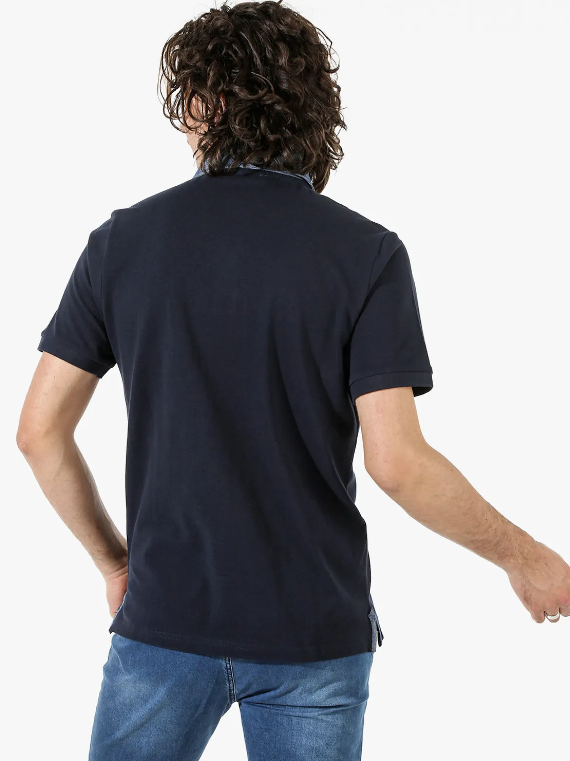 Bad Boys Polo da uomo in cotone a maniche corte con taschino e dettagli di jeans - blu scuro