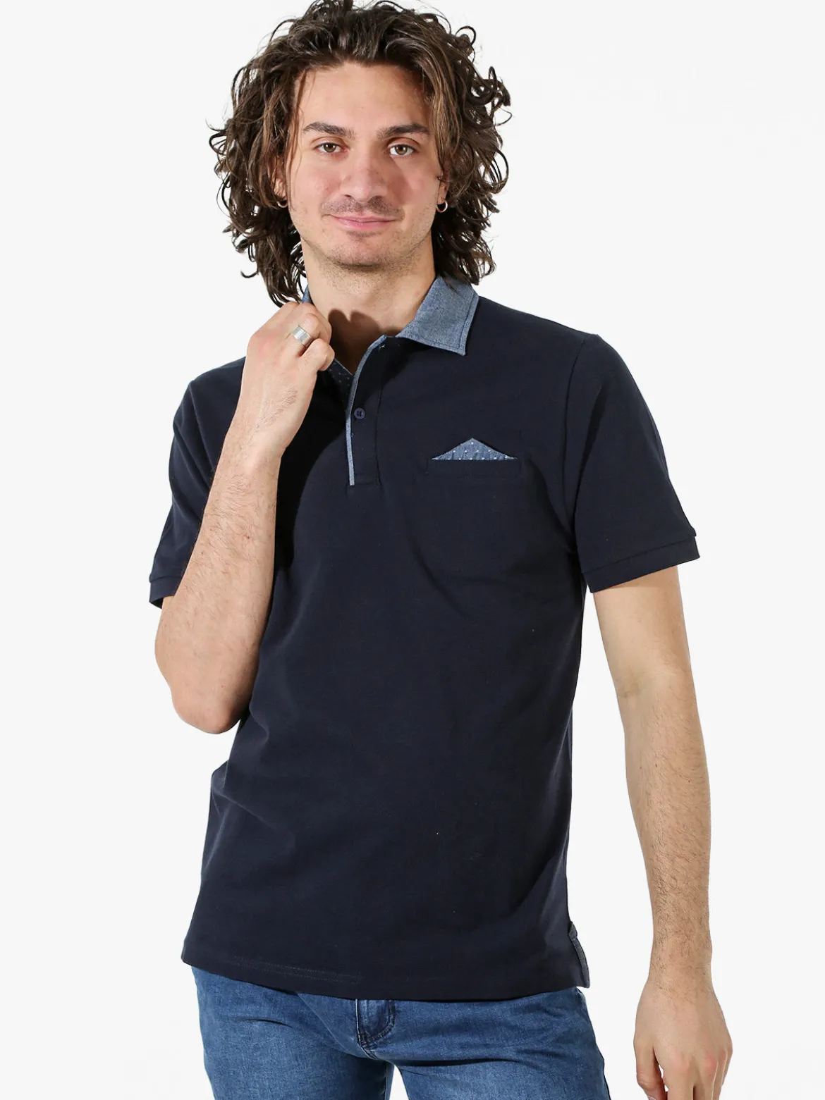 Bad Boys Polo da uomo in cotone a maniche corte con taschino e dettagli di jeans - blu scuro
