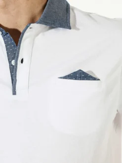 Bad Boys Polo da uomo in cotone a maniche corte con taschino e dettagli di jeans - bianco