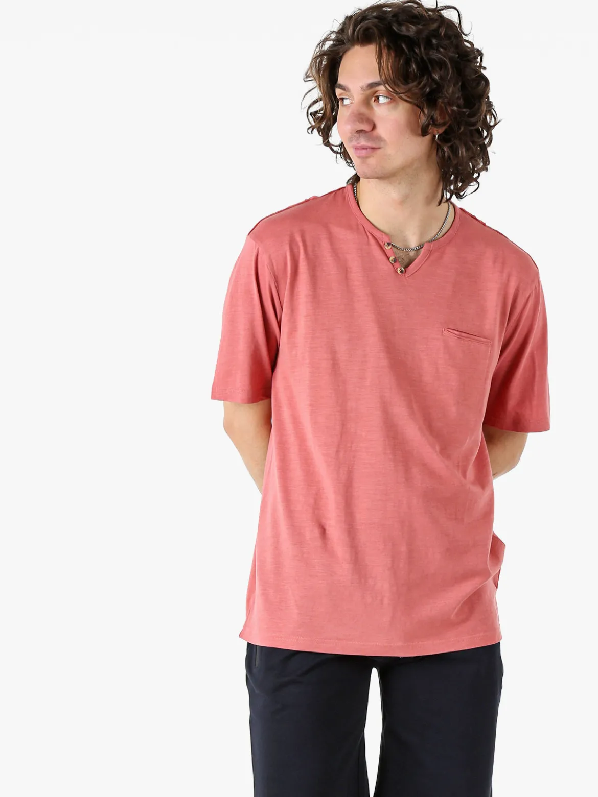 Bad Boys T-shirt da uomo in cotone con scollo V e taschino - corallo