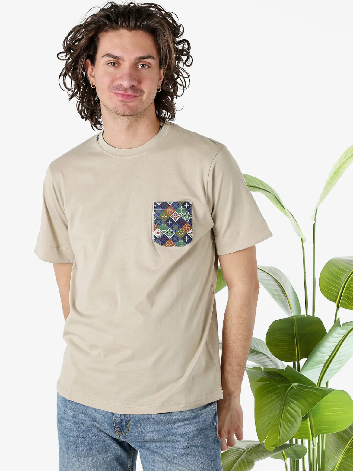 Bad Boys T-shirt girocollo da uomo in cotone con taschino decorato - sabbia