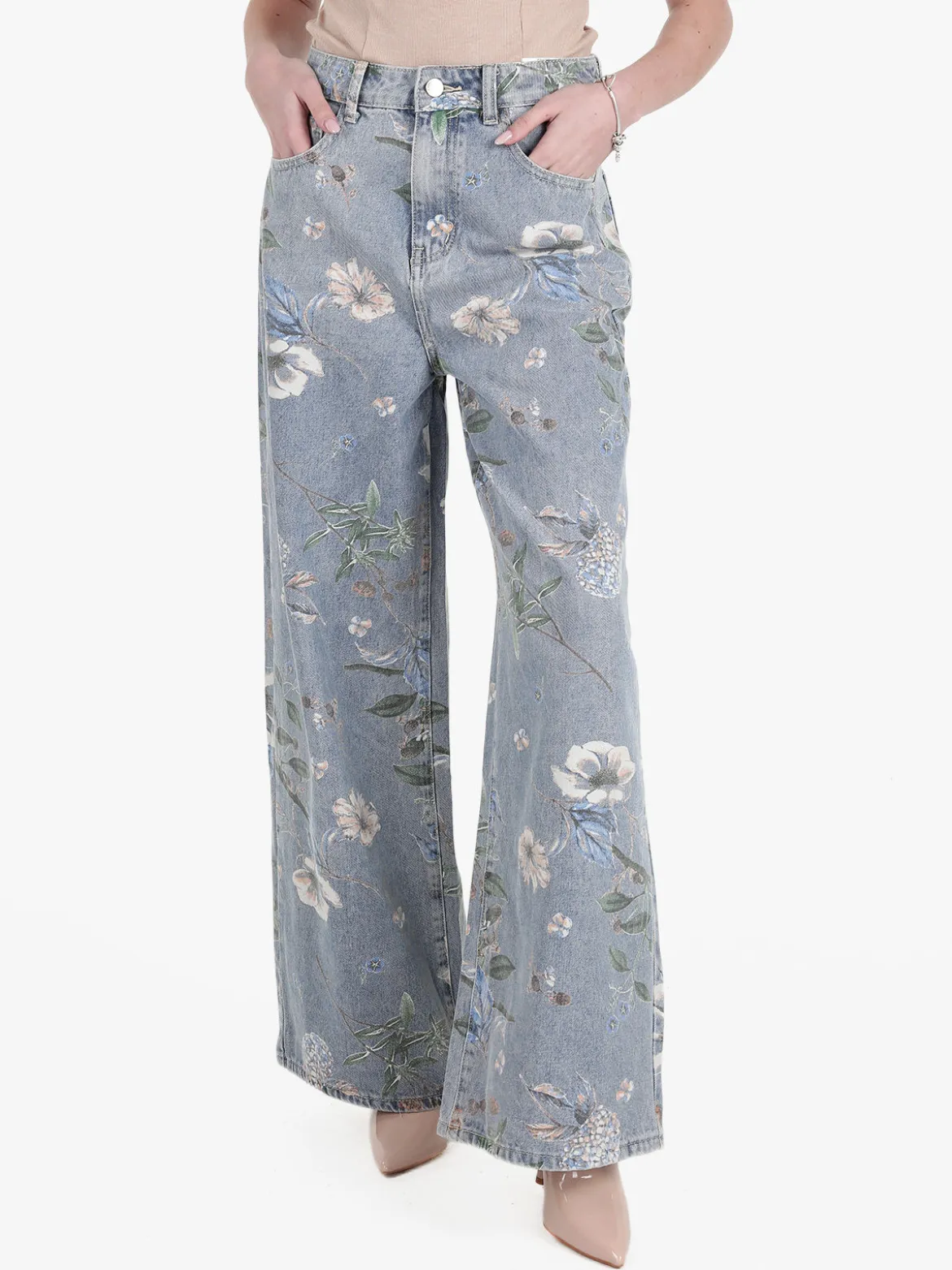 Baseventi Jeans donna fiorati a gamba larga
