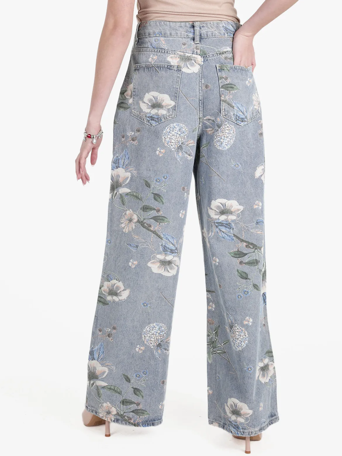 Baseventi Jeans donna fiorati a gamba larga