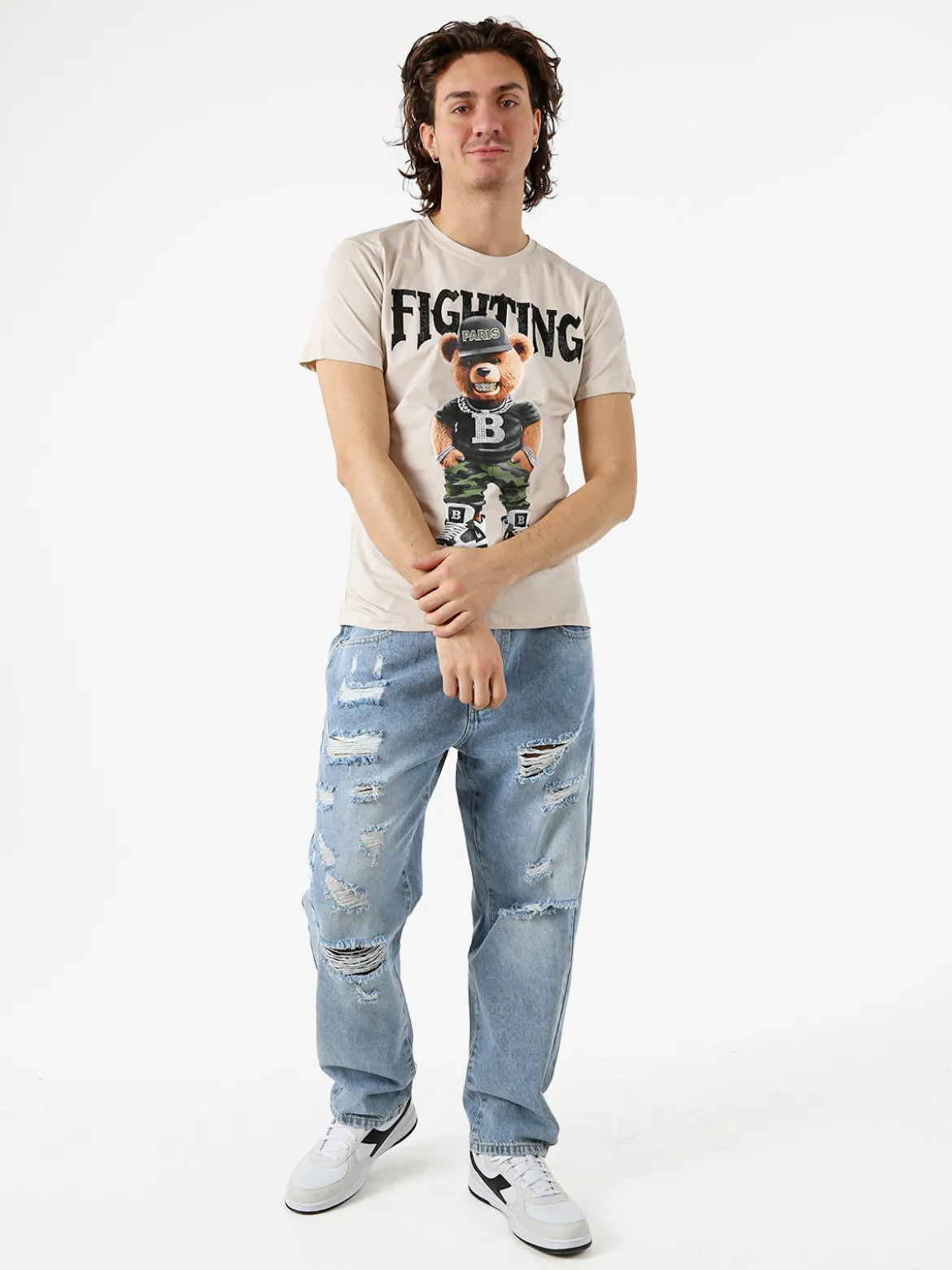 Belman T-shirt da uomo in cotone con stampa orsacchiotto - beige