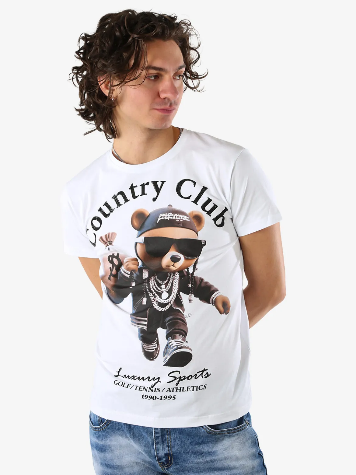Belman T-shirt da uomo in cotone con stampa orsacchiotto - bianco