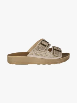 Blu Star Ciabatte da donna con doppie fibbie e micro borchie - beige