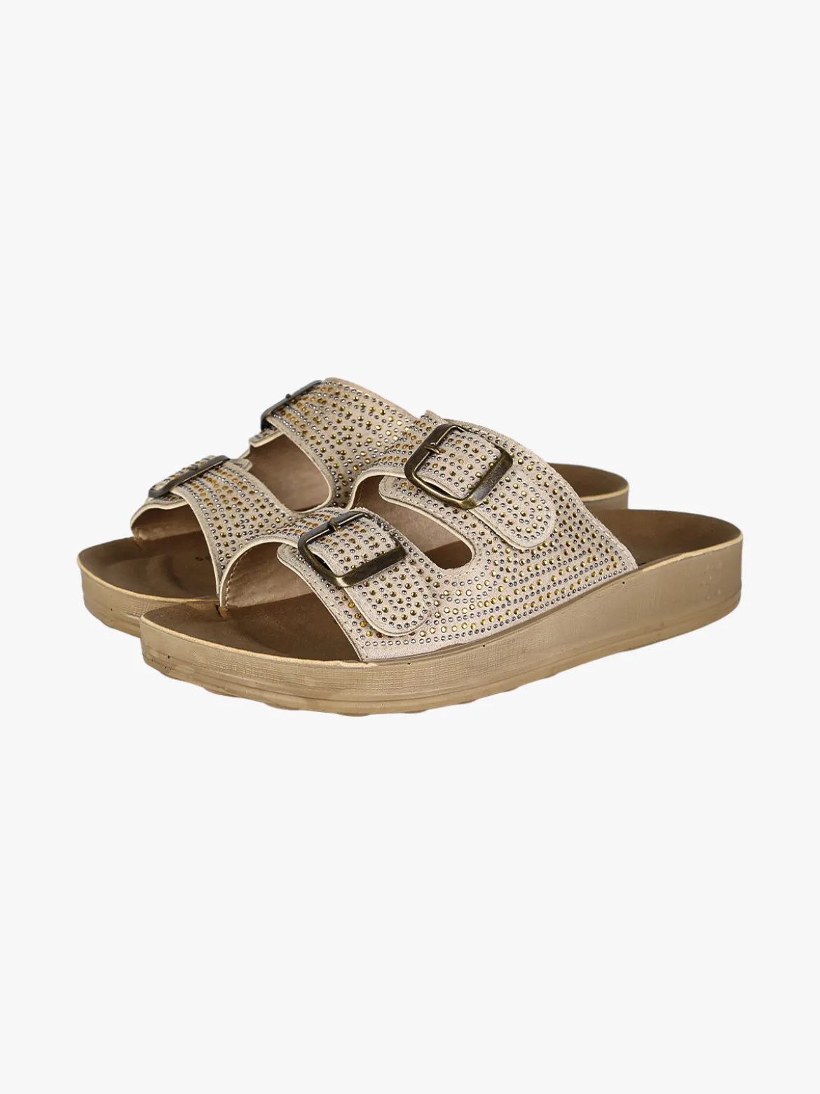 Blu Star Ciabatte da donna con doppie fibbie e micro borchie - beige