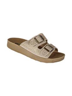 Blu Star Ciabatte da donna con doppie fibbie e micro borchie - beige