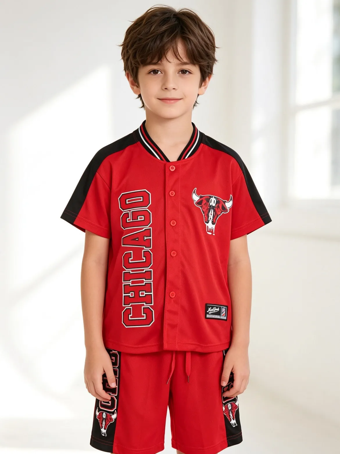Bskt Completo da bambino sportivo con t-shirt con bottoni e bermuda