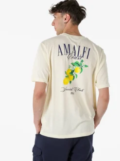 Buoncostume T-shirt in cotone da uomo con stampa AMALFI davanti e dietro - panna