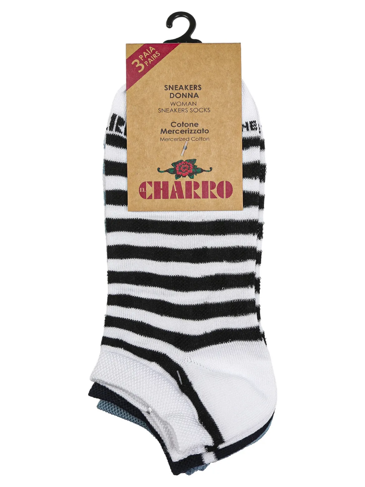 Charro Confezione da 3 paia di calze sneakers a righe da donna in cotone
