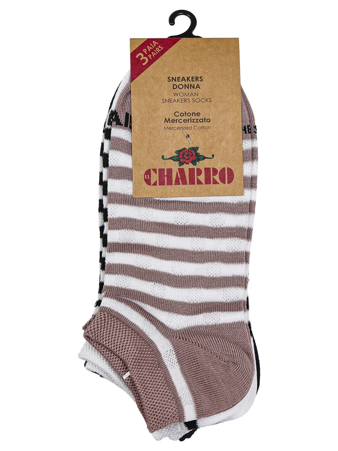 Charro Confezione da 3 paia di calze sneakers a righe da donna in cotone