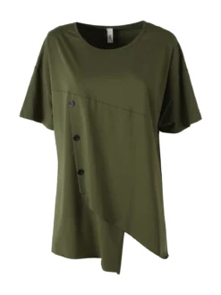 158c Maxi t-shirt da donna asimmetrica in cotone elasticizzato con bottoni decorativi - militare