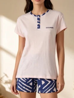 Coconuda Pigiama corto da donna in cotone con t-shirt e shorts a stampa - rosa