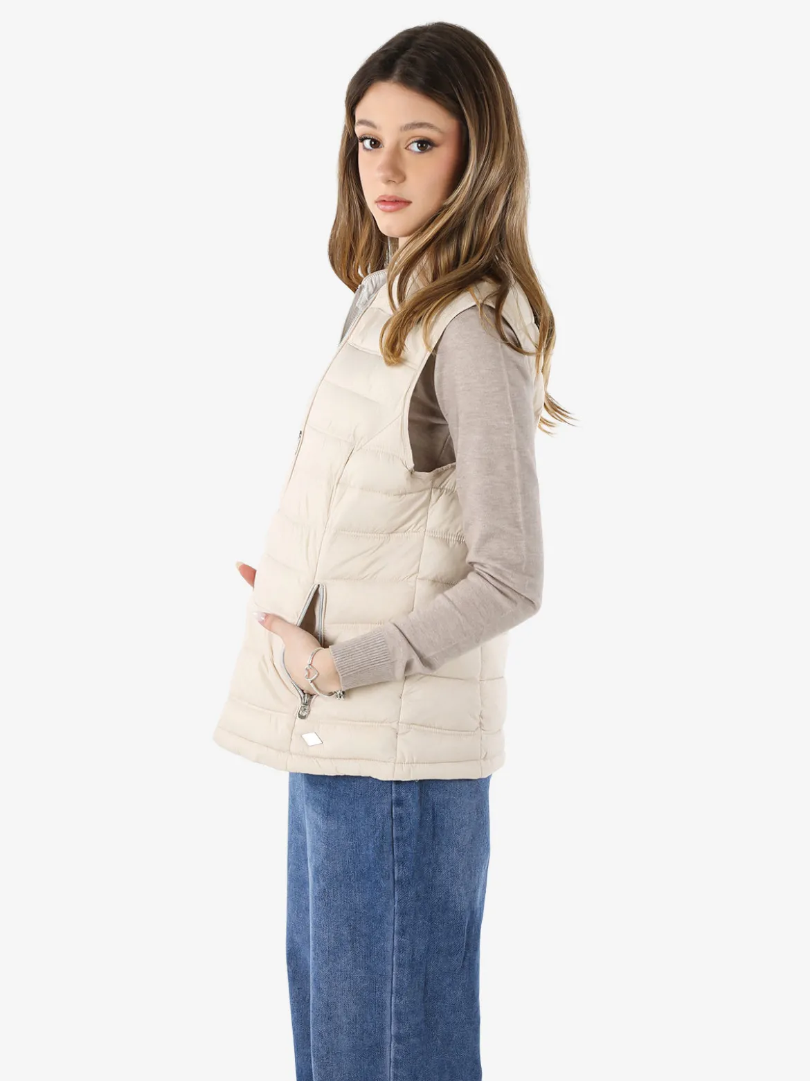 Cotton Belt Gilet imbottito da donna con zip - beige