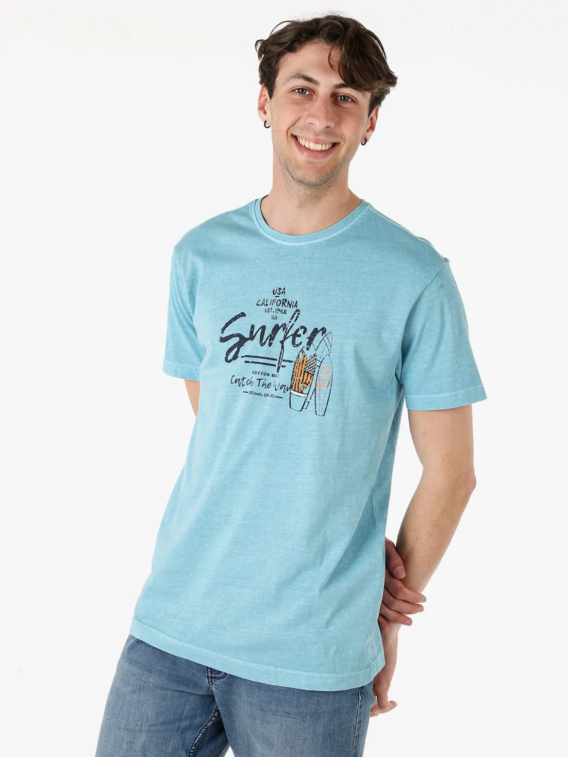 Cotton Belt T-shirt da uomo in cotone con stampa - turchese