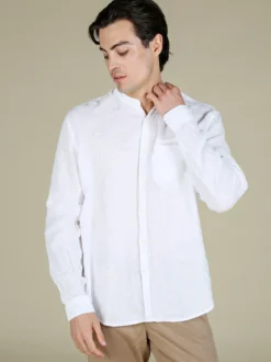 Coveri Collection Camicia in lino da uomo alla coreana con maniche lunghe