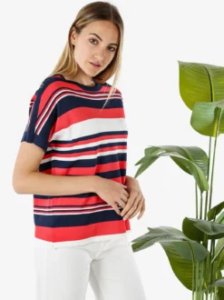 Coveri Moving Maglia donna rigata a maniche corte con bottoni decorativi - fragola