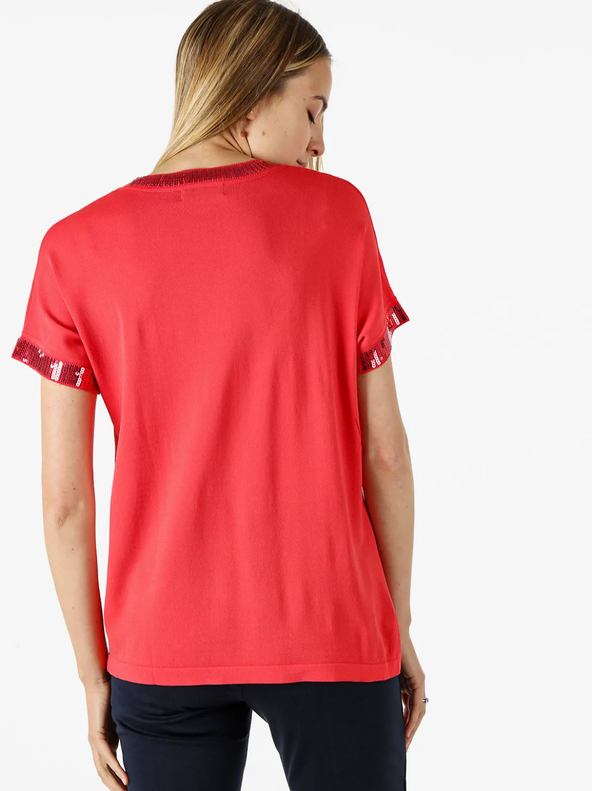 Coveri Moving Maglia girocollo da donna a maniche corte con paillettes decorative - fragola