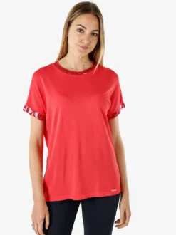 Coveri Moving Maglia girocollo da donna a maniche corte con paillettes decorative - fragola