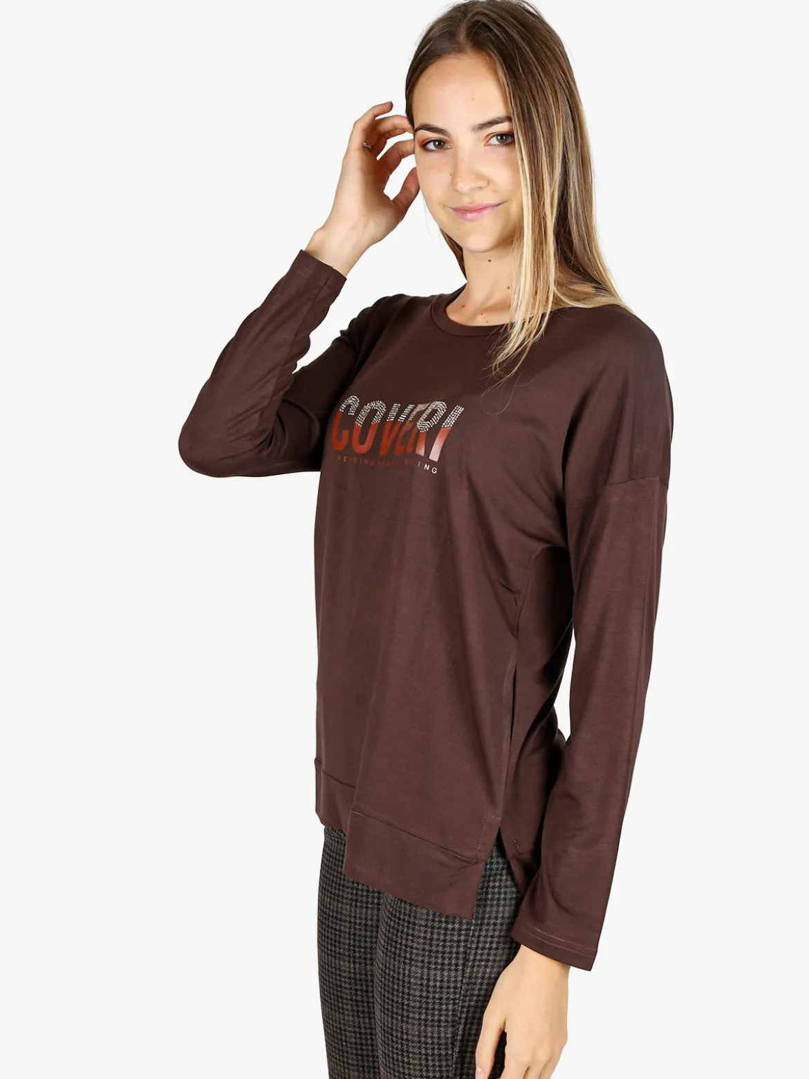 Coveri Moving T-shirt donna a maniche lunghe con strass - moro
