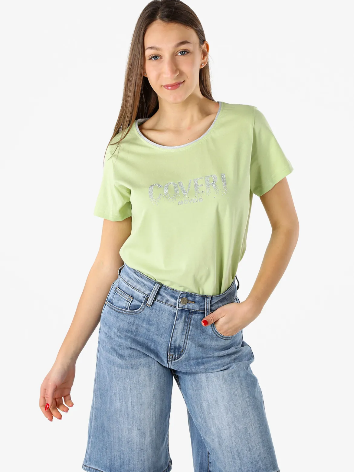 Coveri Moving T-shirt donna in cotone con strass - acqua marina