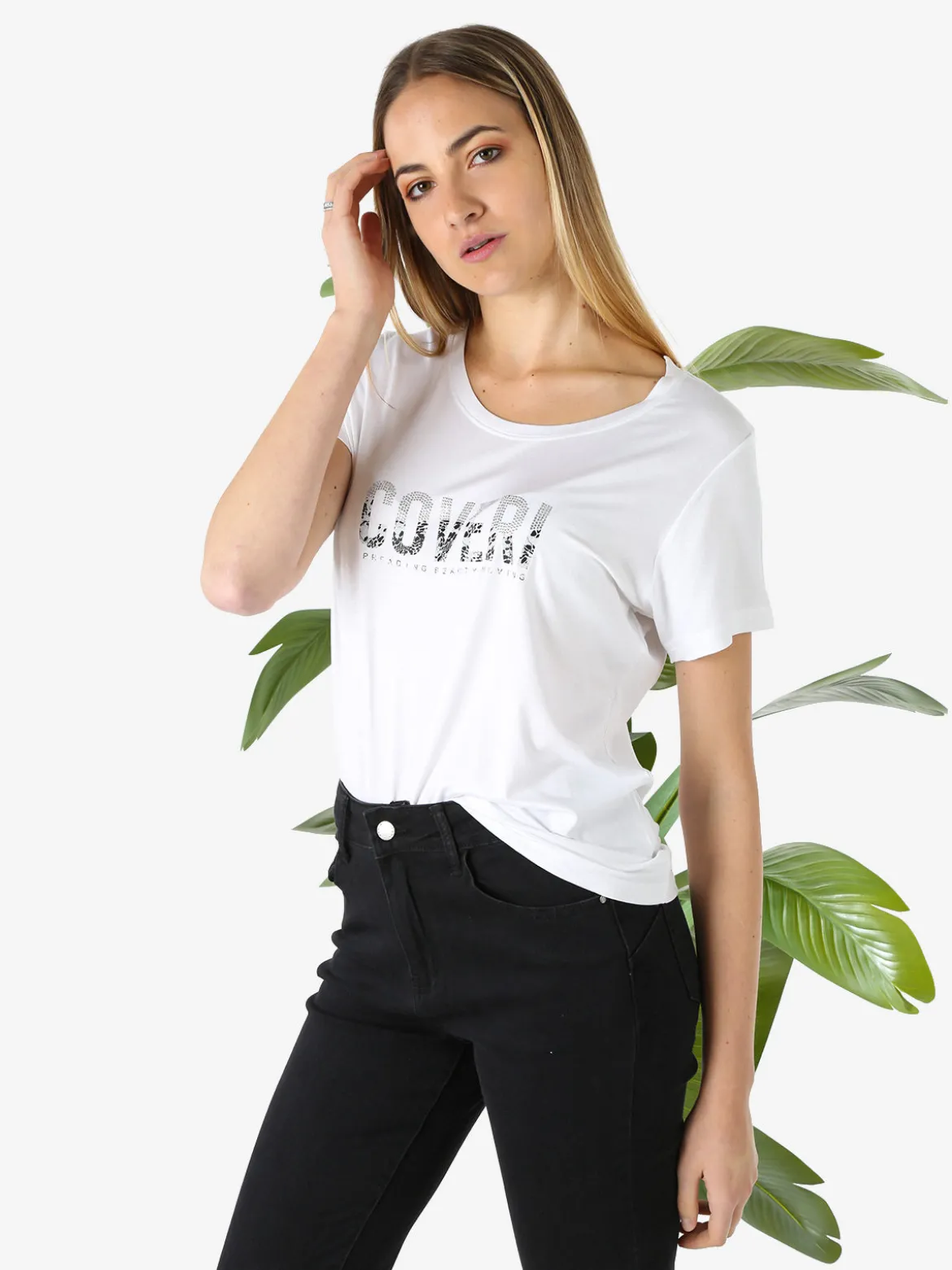 Coveri Moving T-shirt donna in viscosa con strass - bianco