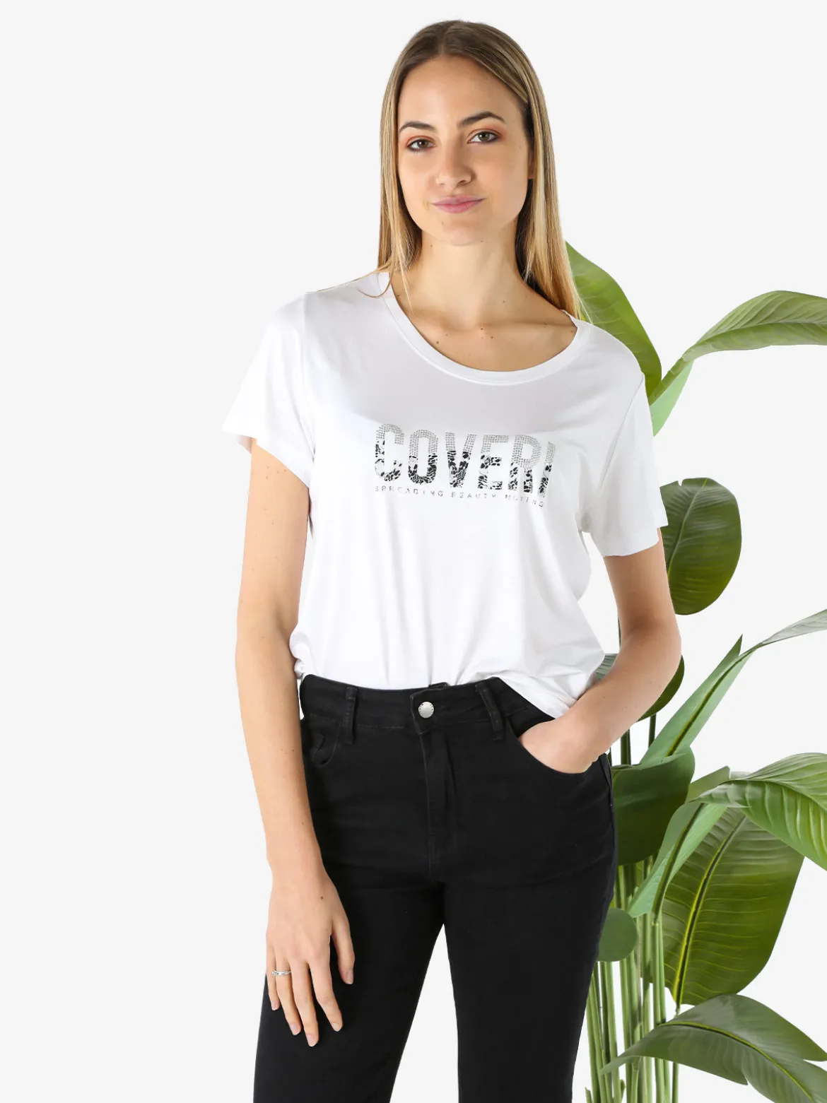 Coveri Moving T-shirt donna in viscosa con strass - bianco