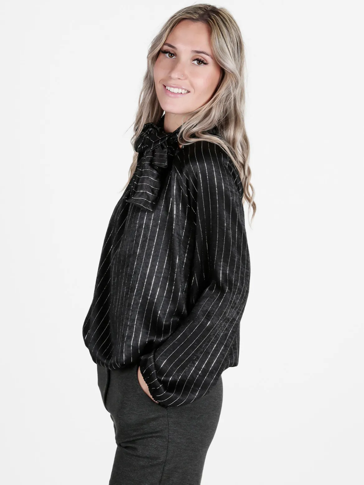Daystar Camicetta donna a maniche lunghe con righe argento