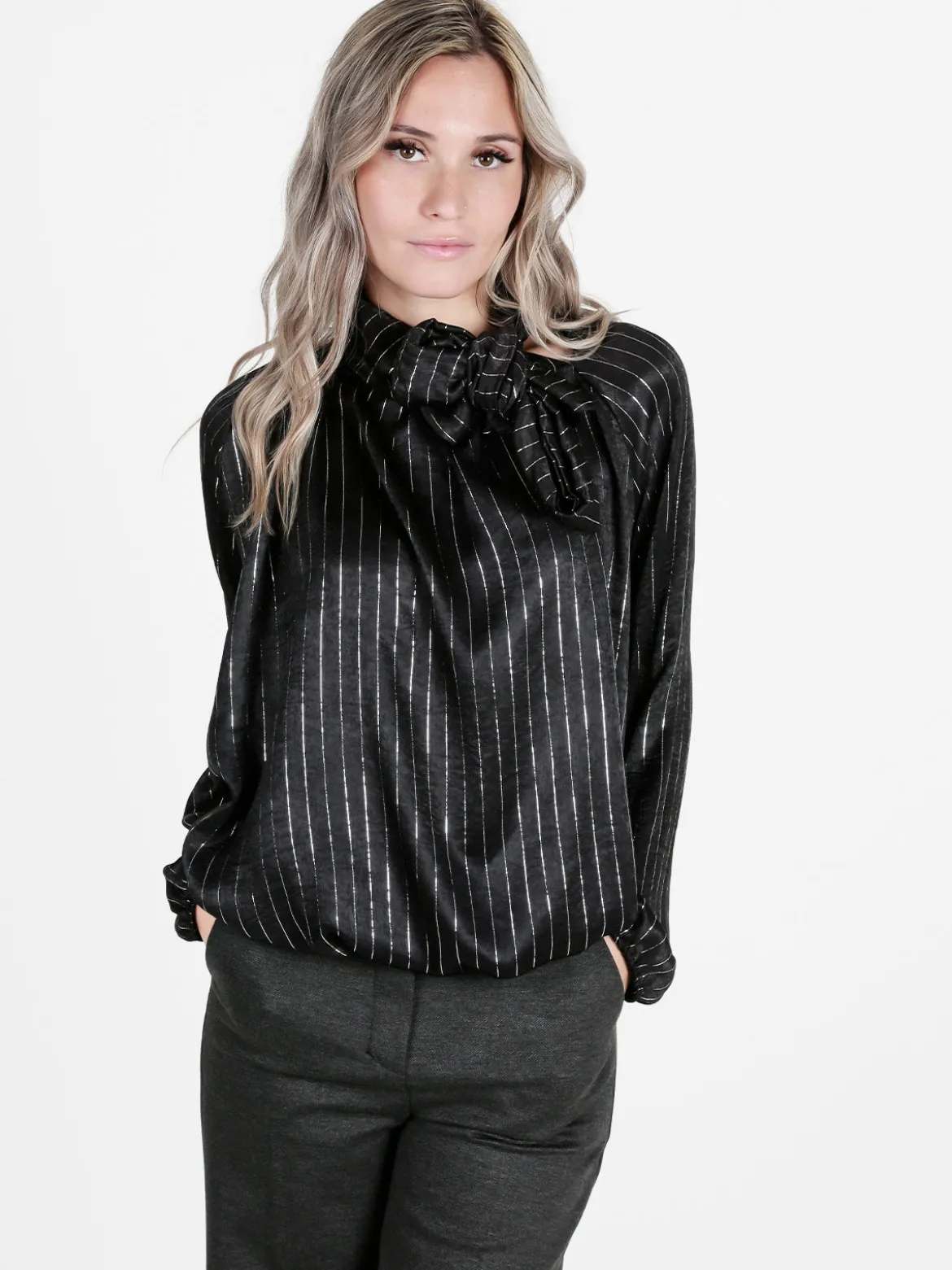 Daystar Camicetta donna a maniche lunghe con righe argento