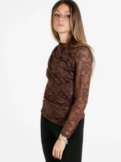 Daystar Maglietta donna a maniche lunghe in pizzo con arricciatura - moro