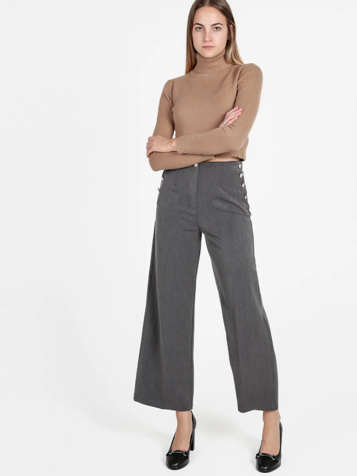 Daystar Pantaloni donna a gamba larga con bottoni decorativi
