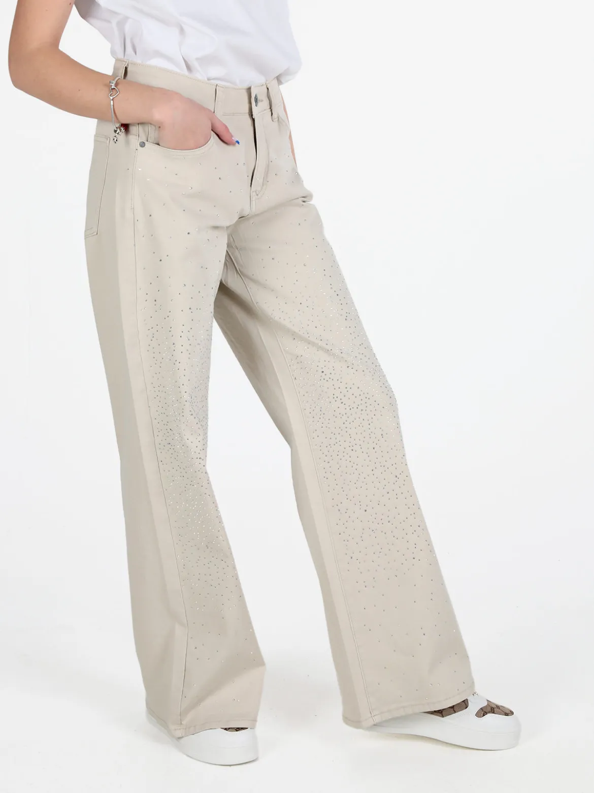 3-D Denim Pantaloni donna con strass a gamba larga