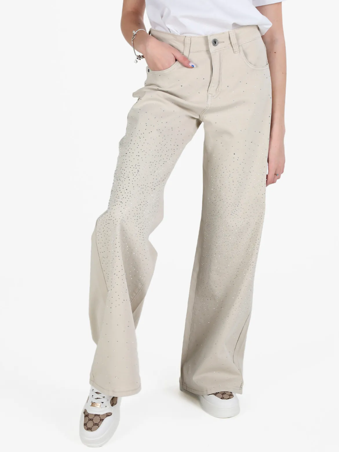3-D Denim Pantaloni donna con strass a gamba larga