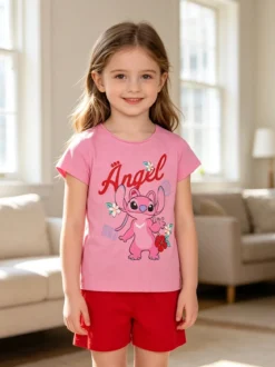 Disney Lilo & Stitch Completo corto da bambina in cotone con t-shirt e shorts con coulisse - rosa