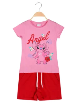 Disney Lilo & Stitch Completo corto da bambina in cotone con t-shirt e shorts con coulisse - rosa