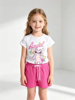 Disney Lilo & Stitch Completo corto da bambina in cotone con t-shirt e shorts con coulisse - bianco