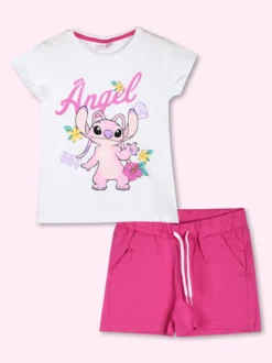 Disney Lilo & Stitch Completo corto da bambina in cotone con t-shirt e shorts con coulisse - bianco