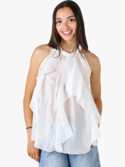 Doremi Top donna con volant e allacciatura al collo - bianco
