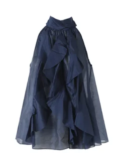 Doremi Top donna con volant e allacciatura al collo - blu scuro
