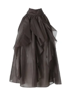 Doremi Top donna con volant e allacciatura al collo - grigio scuro