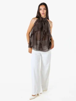 Doremi Top donna con volant e allacciatura al collo - grigio scuro