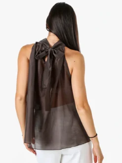 Doremi Top donna con volant e allacciatura al collo - grigio scuro