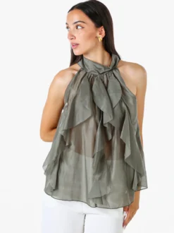 Doremi Top donna con volant e allacciatura al collo - oliva