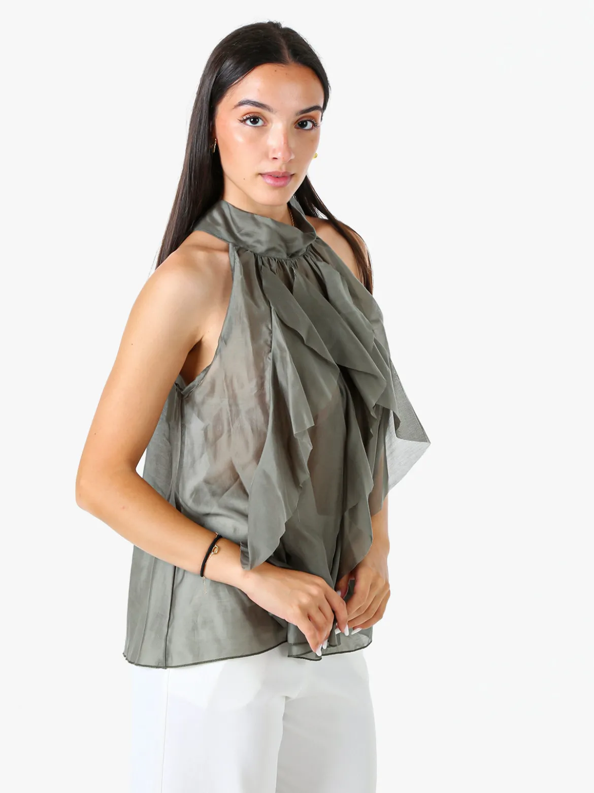 Doremi Top donna con volant e allacciatura al collo - oliva